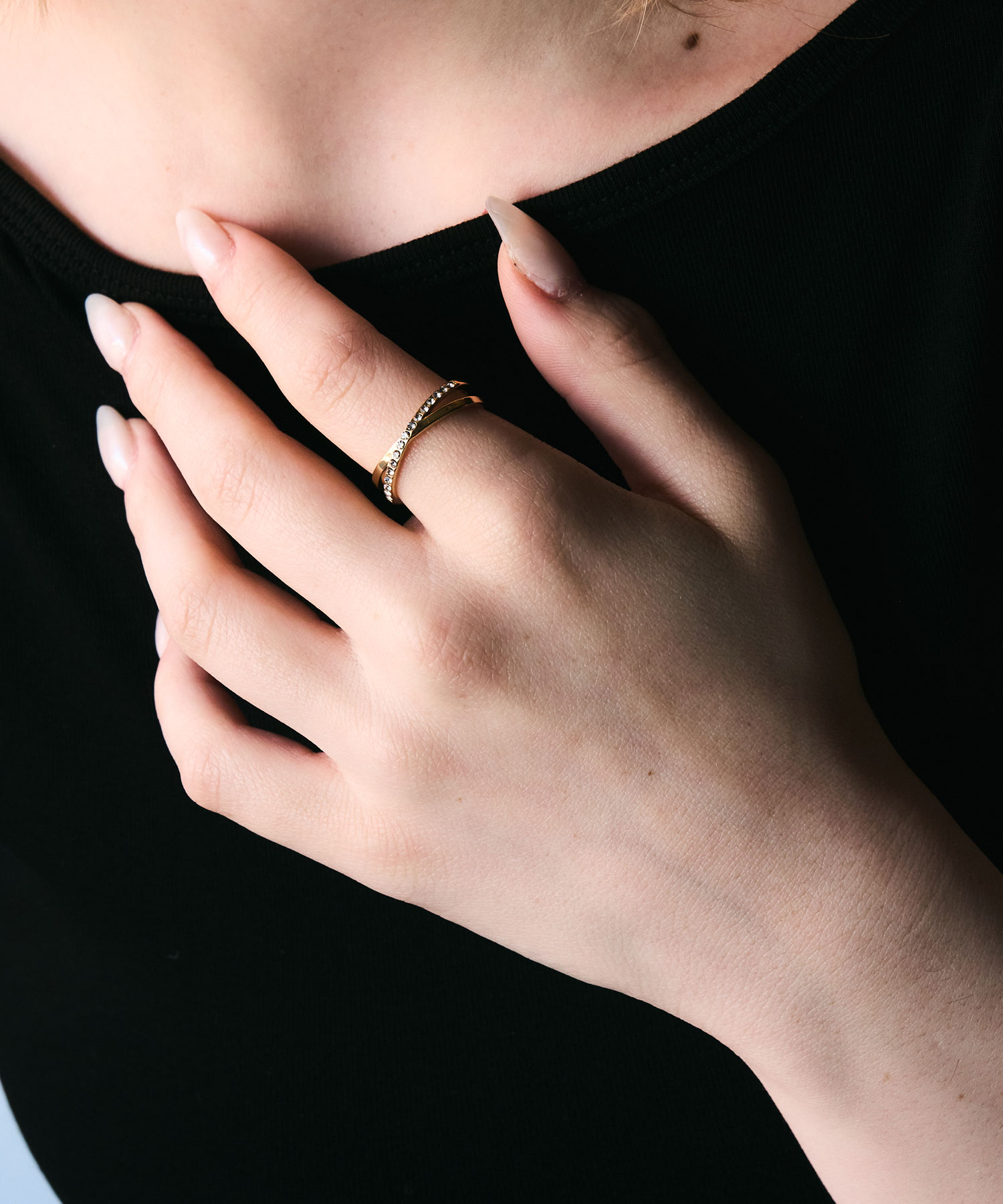 《即納》クロスラインストーンステンレスリング【JUNO lucenzio/over size ring】