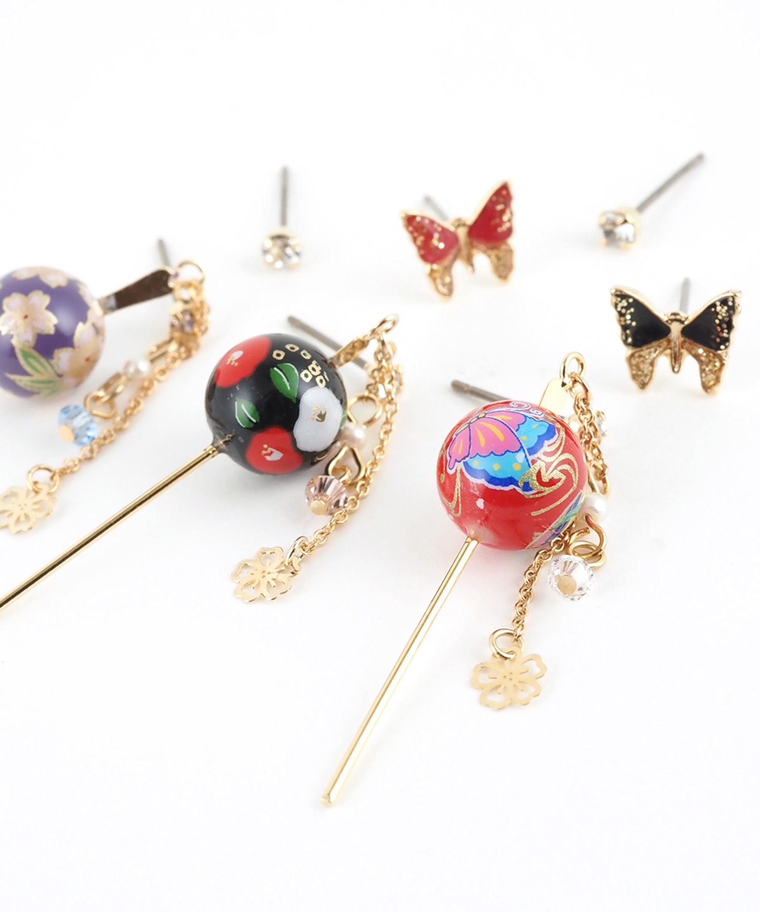 玉かんざし＆蝶チタンポストセットピアス