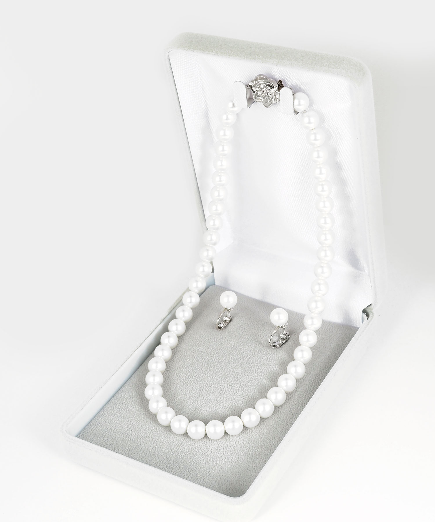 ホワイトガラスパールネックレス＆イヤリングセット